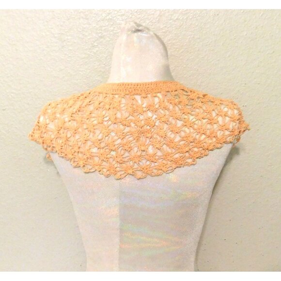 Vintage Crochet Lace Collar Peach Handmade Pom Pom Ties Bolero Shrug 6 Inch - Picture 5 of 7